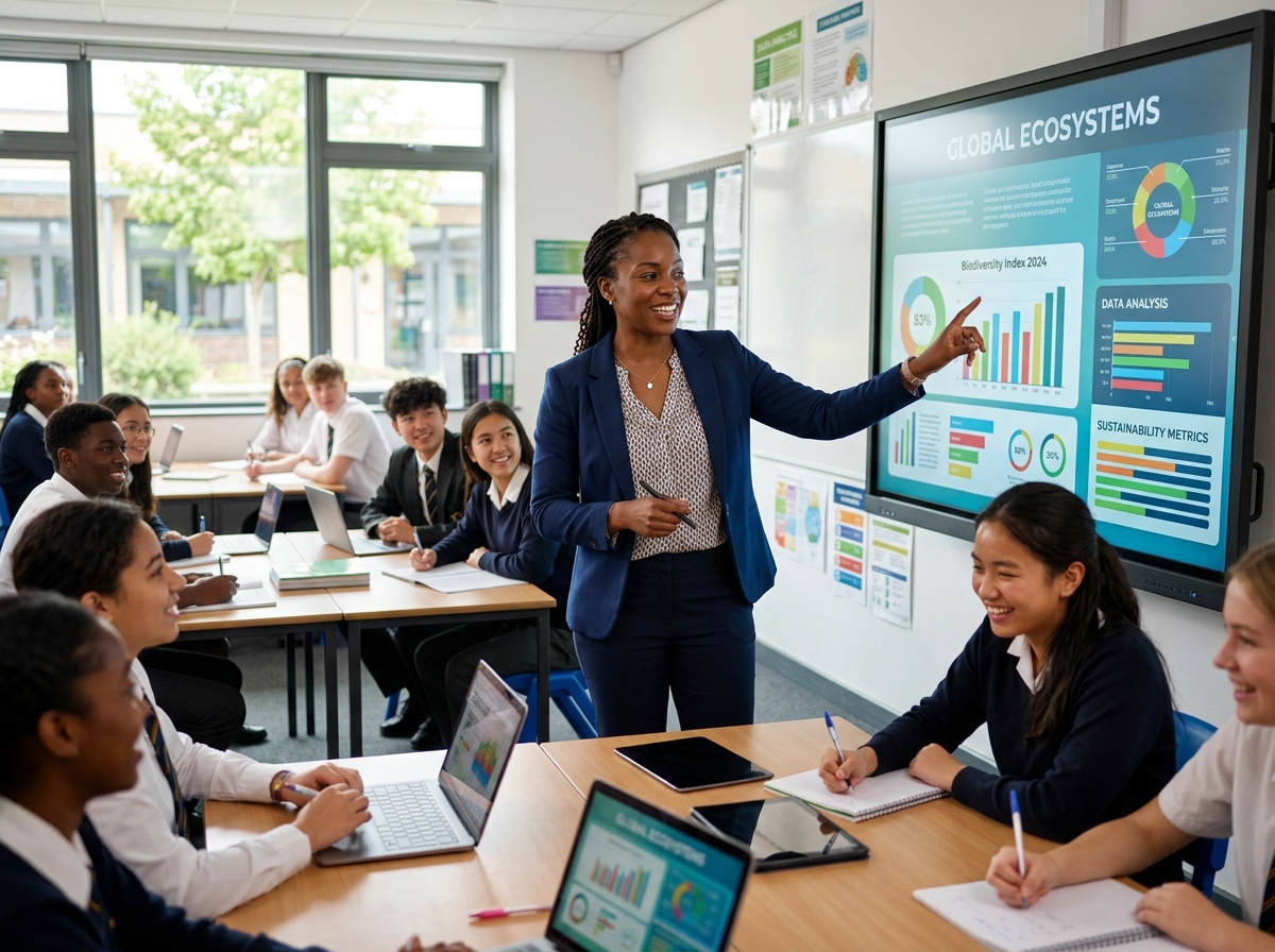 Teacher teaching on digital classroom screen